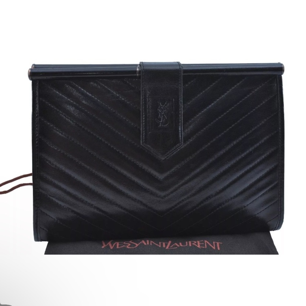 Authentic YVES SAINT LAURENT Clutch Hand Bag Purse Leather Black